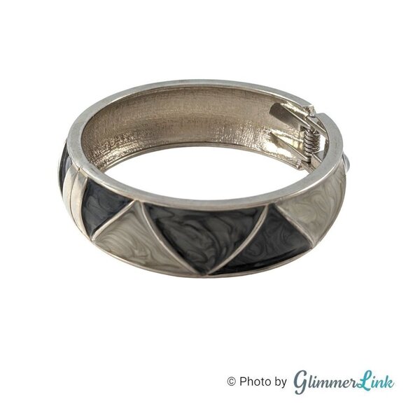 Vintage Enamel Swirl Geometric Hinged Silver Tone Bangle Clamper Bracelet - Picture 3 of 7